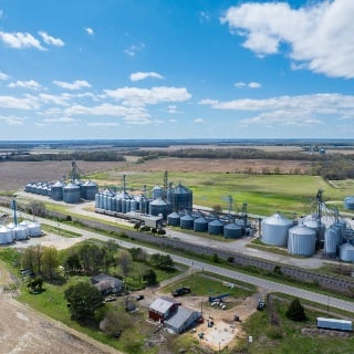 Aerial view of rice and grain elevator